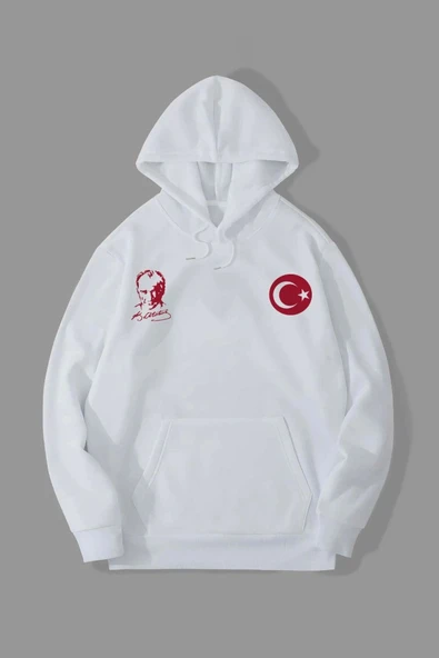 10 Kasıma Özel Üç İplik Kapşonlu Baskılı SweatShirt - Beyaz ürün görseli 1
