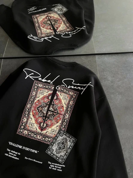 Bisiklet Yaka Baskılı SweatShirt - Siyah - Resim 3