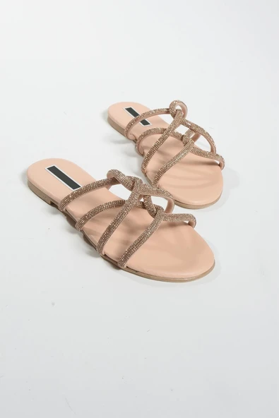 Nişantaşı Shoes Bowie Ten Mat Taş Detay Çapraz Bant Düz Taban Kadın Terlik ürün görseli 1