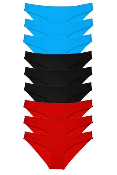 9 adet Süper Eko Set Likralı Kadın Slip Külot Siyah Kırmızı Mavi ürün görseli 1