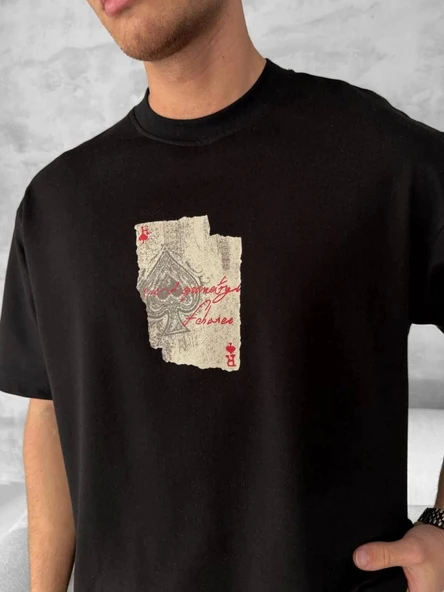 Ön Ve Arka Baskılı Oversize Bisiklet Yaka T-shirt - Siyah ürün görseli 1