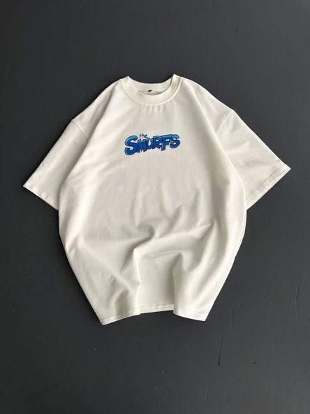 Ön Ve Arka Baskılı Oversize Bisiklet Yaka T-shirt- Beyaz ürün görseli 1
