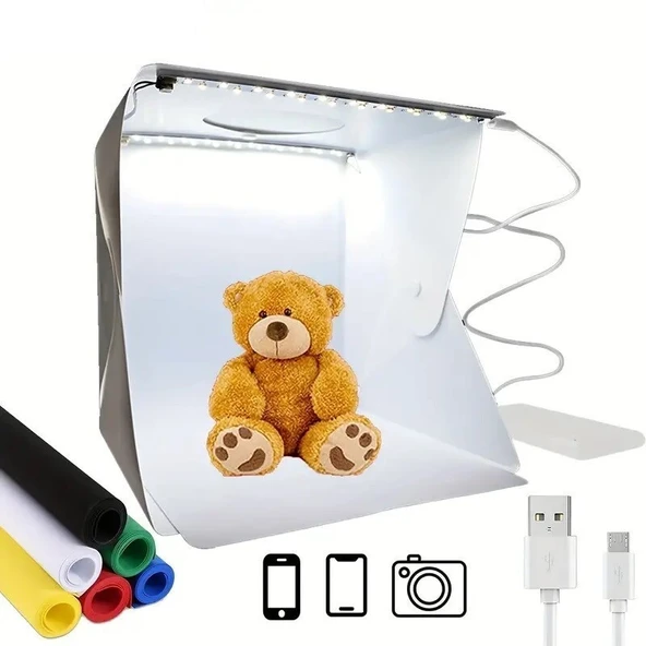 BUFFER® Katlanır Işıklı Fotoğraf Stüdyosu 40x40 cm 6 Renk Fonlu Ürün Çekimi İçin Uygun Fotoğraf Çekim Kutusu ürün görseli 1
