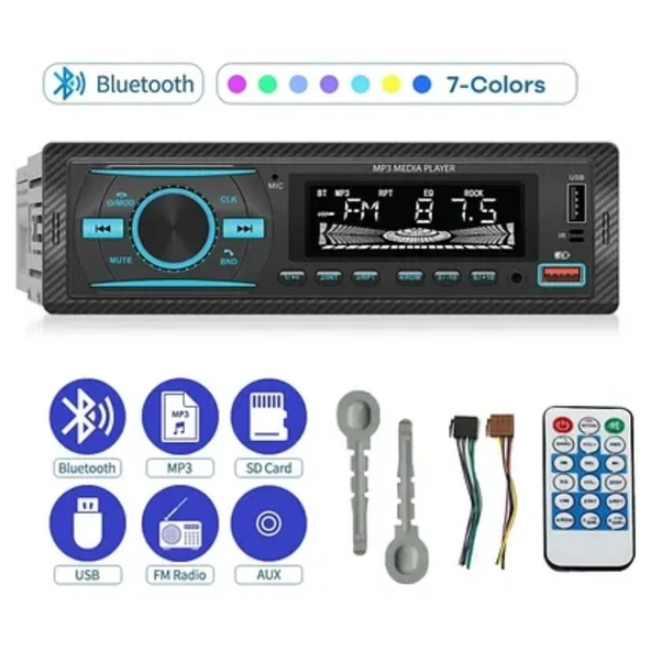 BUFFER® 7 Farklı Renkli Oto Teyp - Bluetooth & USB & AUX & FM Destekli Araç İçi Radyo ürün görseli 1