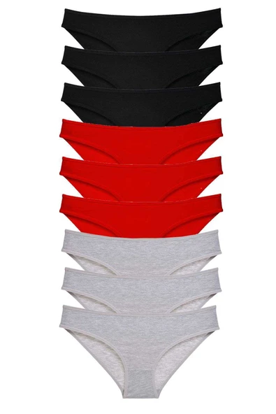 9 adet Süper Eko Set Likralı Kadın Slip Külot Siyah Kırmızı Gri ürün görseli 1