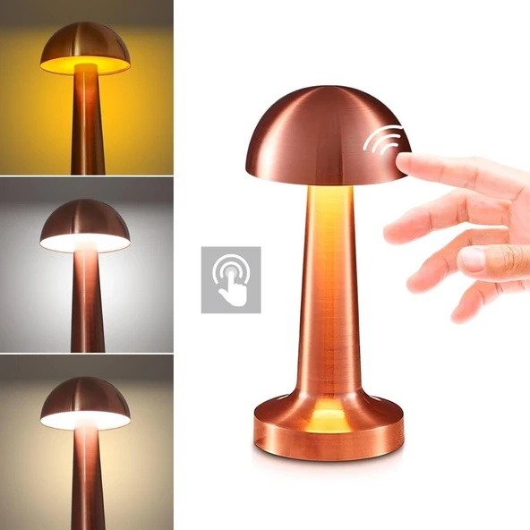 BUFFER® Mantar Model Bronz Renk Şarjlı Dokunmatik 3 Renkli LED Masa Lambası - Resim 2