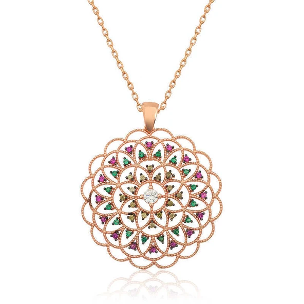 Gümüş Rose Geometrik Desenli Madalyon Kolye ürün görseli 1