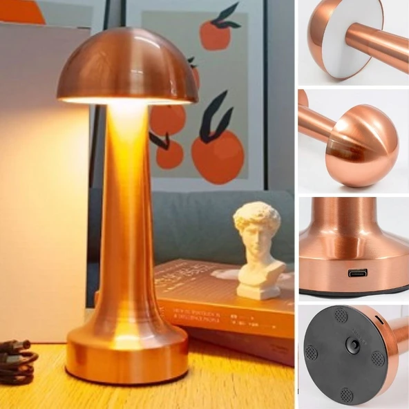 BUFFER® Mantar Model Bronz Renk Şarjlı Dokunmatik 3 Renkli LED Masa Lambası - Resim 5