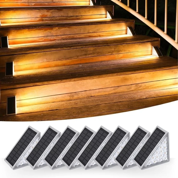 BUFFER® 8 Adet Üçgen  Güneş Enerjisi ile Şarj Olan Dış Mekan Solar Basamak Köşe Lambası ürün görseli 1