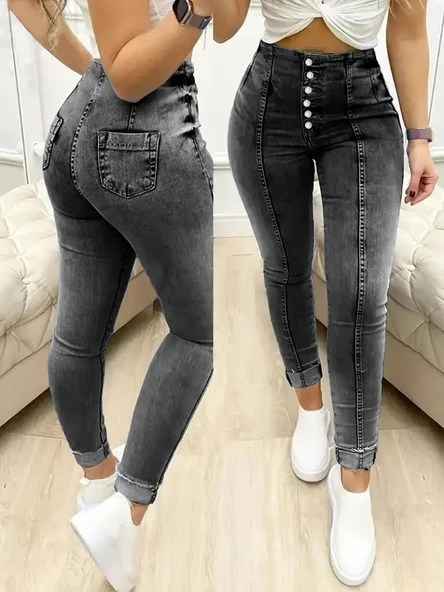 Kadın Yüksek Bel önden Düğmeli Jean Pantolon ürün görseli 1
