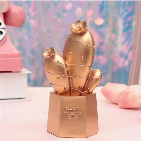 BUFFER® Led Işıklı Sevimli Kaktüs Dekoratif Masa Lambası Mini Biblo Gece Lambası Gold ürün görseli 1