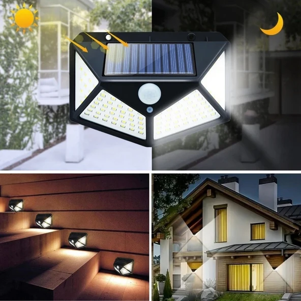 BUFFER® 100 Ledli 3 Farklı Aydınlatma Ayarlı Solar Güneş Enerjili Hareket Sensörlü Bahçe Duvar Lambası ürün görseli 1