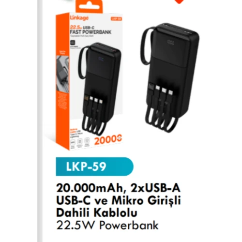 Lkb59 taşınabilir 20000 mAh 2xusb A ve USB c mikro girişli dahili kablo ürün görseli 1