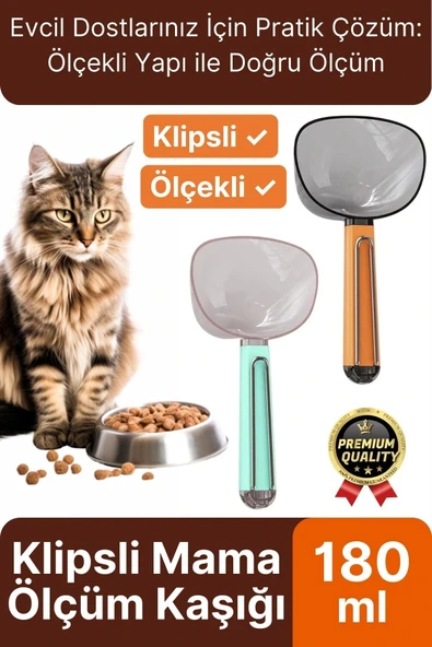 Çok Amaçlı Klipsli Ölçekli Şeffaf Başlıklı 180ml Kapasiteli Kedi Köpek Mama Ölçüm Kaşığı Küreği ürün görseli 1