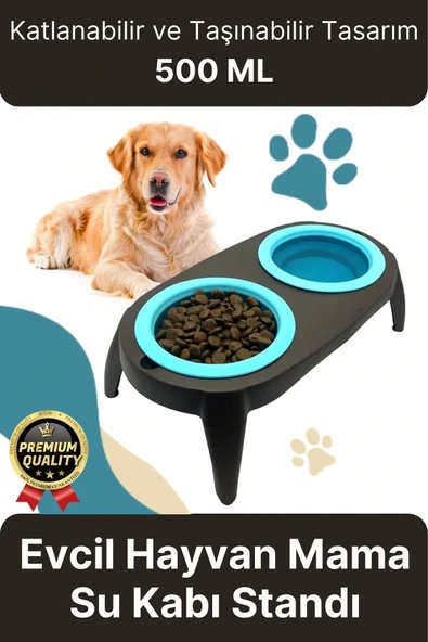 Yeni Seri Ayarlanabilir Ergonomik Portatif Katlanabilir İkili Kedi Köpek Mama Su Kabı Standı 500 Ml ürün görseli 1