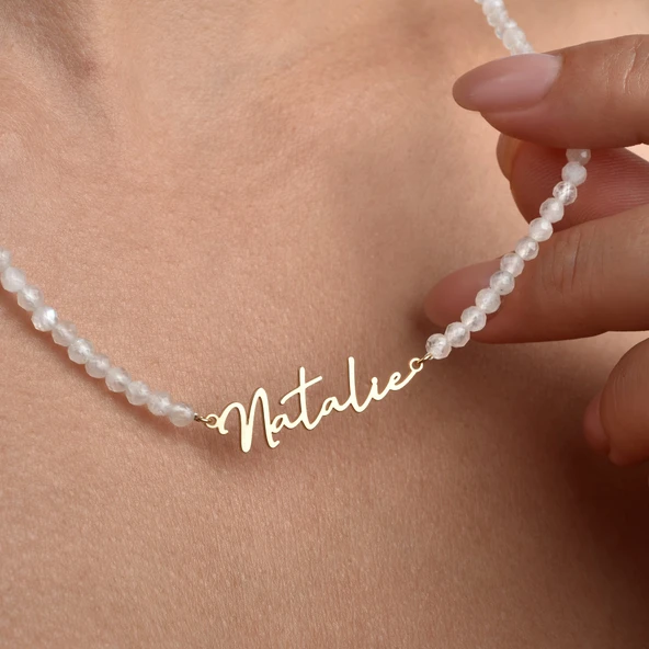 14 Ayar Altın Kaplama Kişiye Özel İsim Yazılı Moonstone (Aytaşı) Doğal Taş Gümüş Kolye - NGS00113 ürün görseli 1
