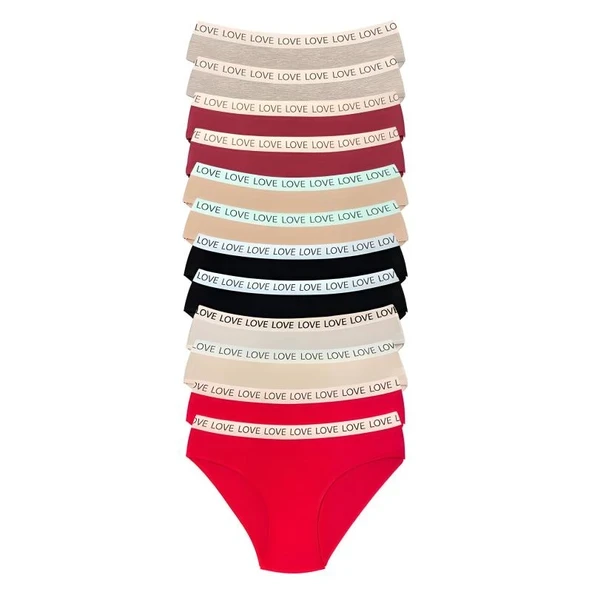 12 Adet Pamuklu Esnek Kadın Slip Bikini Külot Geniş Lastikli Baskılı ürün görseli 1