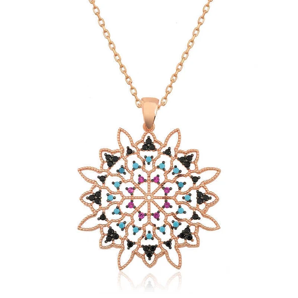 Gümüş Rose Geometrik Desenli Madalyon Kolye ürün görseli 1