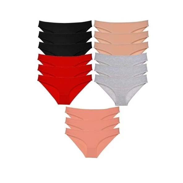 15 adet Süper Eko Set Likralı Kadın Slip Külot Siyah Kırmızı Ten Gri Pudra ürün görseli 1