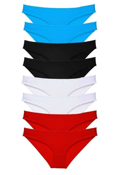 8 adet Süper Eko Set Likralı Kadın Slip Külot Siyah Kırmızı Beyaz Mavi ürün görseli 1