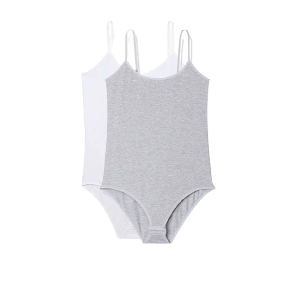 2 Adet İp Askılı Kadın Çıtçıtlı Body Beyaz ve Gri ürün görseli 1