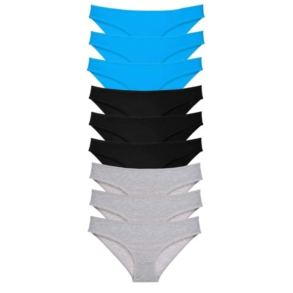 9 adet Süper Eko Set Likralı Kadın Slip Külot Siyah Gri Mavi ürün görseli 1
