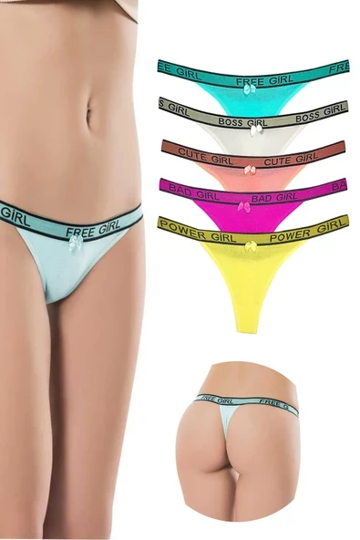 5 Adet Beli Yazılı Pamuk Kadın Tanga String Külot ürün görseli 1