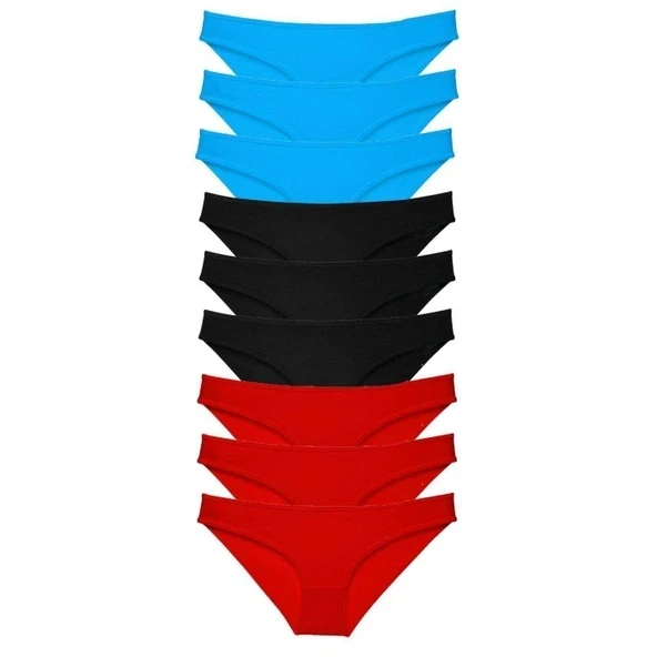 9 adet Süper Eko Set Likralı Kadın Slip Külot Siyah Kırmızı Mavi ürün görseli 1