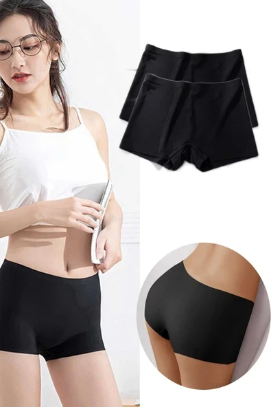 2 Adet Kadın Dikişsiz Görünmez İz Yapmaz Mini Şort Boxer Siyah ürün görseli 1