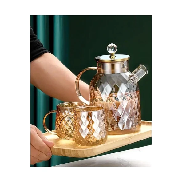 Kabartmalı Bambu Kapaklı Borosilikat Cam Demlik 1500ml Royaleks-CM-2005 ürün görseli 1