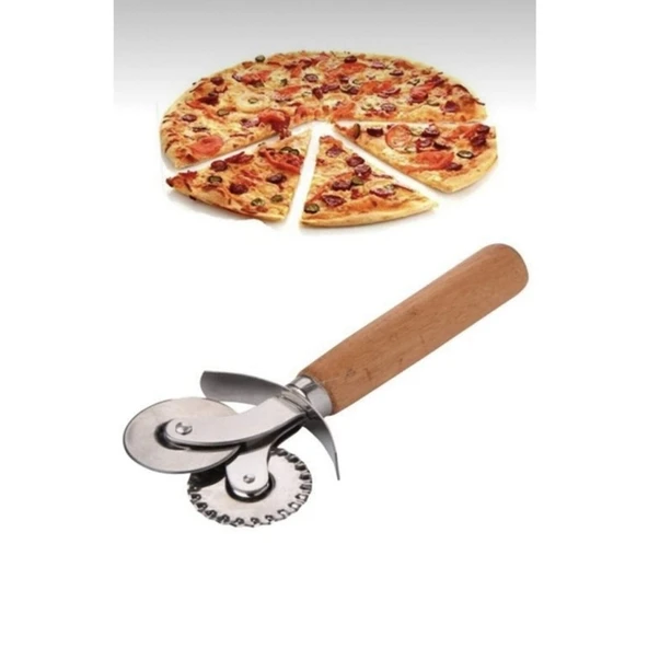 Çift Başlıklı Ahşap Saplı Pizza Kesici Hamur Kesici ürün görseli 1