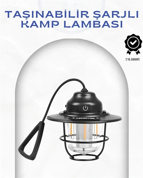 Geometrik Tasarımlı Vintage Kamp Lambası – Type-C Şarj, Ayarlanabilir Parlaklık ürün görseli 1