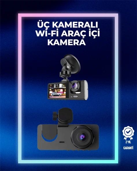 1080p Ön + 720p Arka & İç Kamera – Suya Dayanıklı Araç Güvenlik Kamerası ürün görseli 1