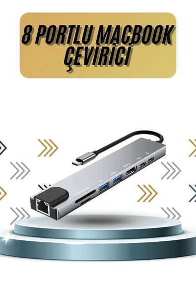 8 Portlu Macbook Çevirici Type C Hub  SD TF USB Çoğaltıcı Ethernet ürün görseli 1