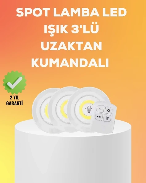Çok Amaçlı Kullanım İçin Kablosuz Yapışkanlı 3 Lü Uzaktan Kumandalı Led Spot Lamba ürün görseli 1