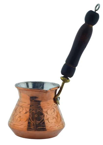 Otantik İşlemeli Ahşap Saplı El Yapımı Eskitme Bakır Cezve m3 Kahve Cezvesi ürün görseli 1