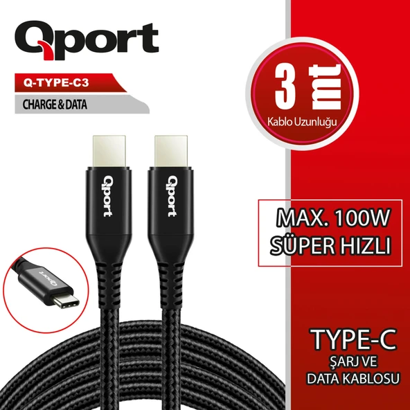 QPORT Q-TYPE-C3 3 METRE TYPE-C 100W ŞARJ VE DATA KABLOSU ürün görseli 1