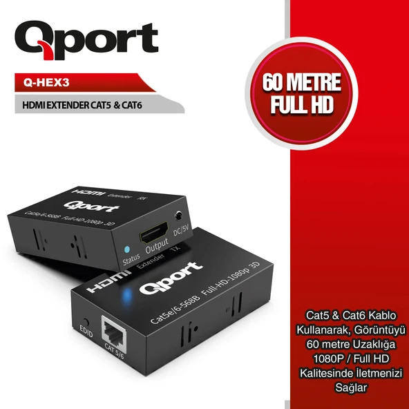 QPORT Q-HEX3 HDMI EXTENDER CAT6 60M 2 Lİ PAKET ürün görseli 1