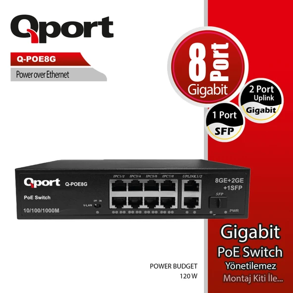 QPORT Q-POE8G 8PORT 10/100/1000 + 2 PORT 10/100/1000 UPLINK POE SWITCH ürün görseli 1