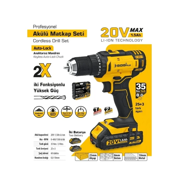 Sgs Plus SGS5249 Plastik Kutulu 20 Volt / 1.5 A Akülü Darbesiz Matkap ürün görseli 1