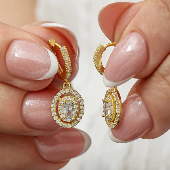 Gümüş Gold Oval Taşlı Sallantılı Küpe ürün görseli 1