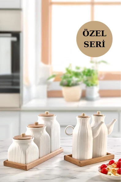 7 Parça Standlı Vakumlu Yağdanlık Ve 3'Lü Çay Şeker Kahve Baharat Seti Ve Türk Kahve Kavanoz Seti ürün görseli 1