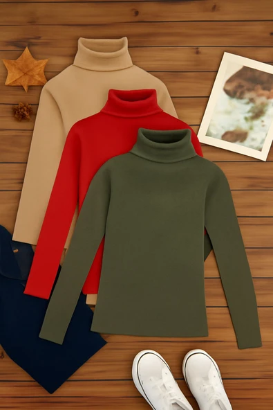 ribac 3'lü Paket Kadın Basic Tam Balıkçı Yaka Kazak ürün görseli 1
