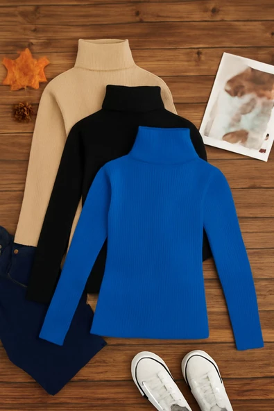 ribac 3'lü Paket Kadın Basic Tam Balıkçı Yaka Kazak ürün görseli 1