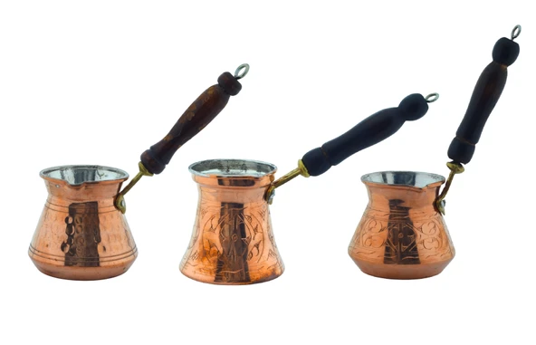 LUDIA Otantik İşlemeli 3 Adet Ahşap Saplı El Yapımı Eskitme Bakır Cezve Set ürün görseli 1