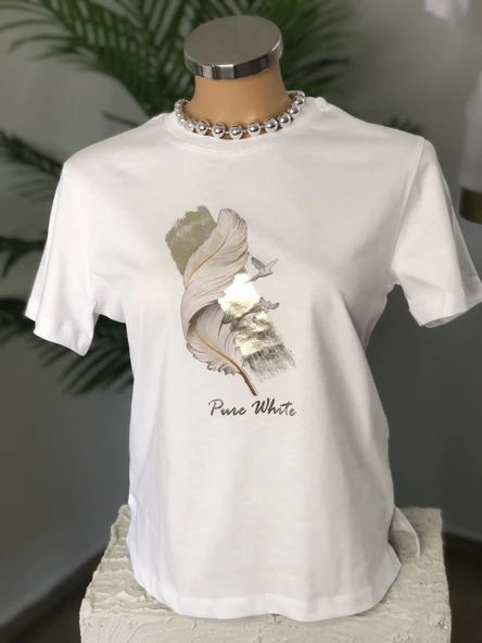 FEATHER -KADIN GİYİM-BİSİKLET YAKA T-SHIRT-DİGİTAL VARAK BASKILI ürün görseli 1