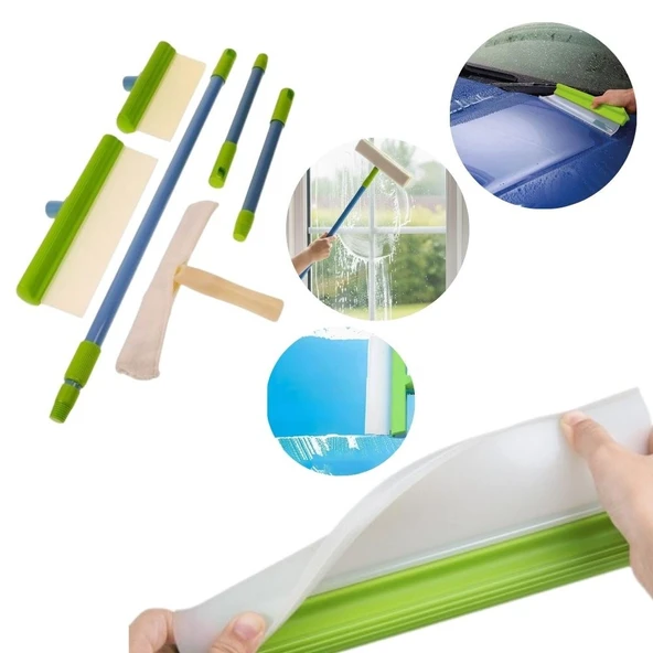 Cam Temizlik Kiti, Silikon Su Çekme Aparatı, Mikrofiber Bezli Başlık, Uzatma Sapı ürün görseli 1