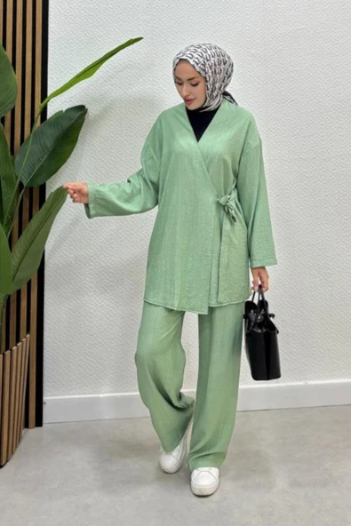 Kadın Çapraz Bağlamalı Keten Kimono Tesettür Pantolon Takım ürün görseli 1