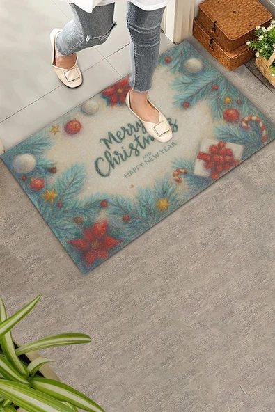Valerine Life Tebeşir Çizimi Yılbaşı Noel Çam Ağaçlı Welcome Hoş Geldiniz Kapı Önü Paspası 45x70cm ürün görseli 1