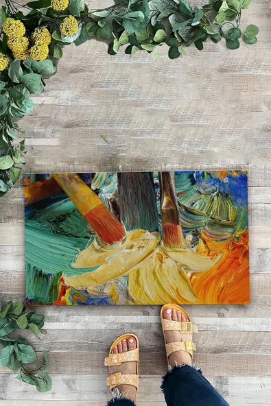 Valerine Life Renkli Yağlı Boya Tuvali Fırça Figürlü Welcome Hoş Geldiniz Kapı Önü Paspası 45x70cm ürün görseli 1